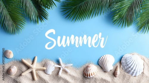 Summer beach background with seashells, starfish, sand and tropical palm leaves on blue backdrop with summer text,