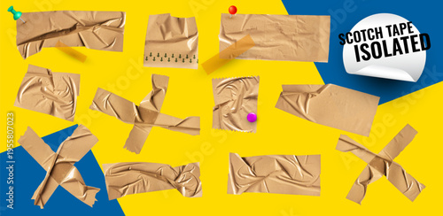 Brown vector scotch tape set with adhesive tape pieces. Crumpled torn sticky stripes, plastic scotch cut collection. Elements for mockups, collages, scrapbooking, creative design projects.