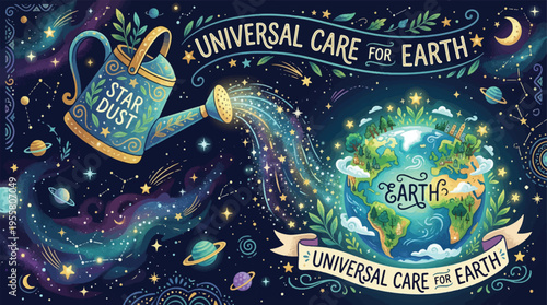 Universal Care for Earth vector illustration with watering can pouring stardust onto planet globe