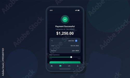 A smartphone screen shows a successful transaction confirmation for a digital payment. The dark mode interface includes transaction details, a green checkmark, and a rating slider.