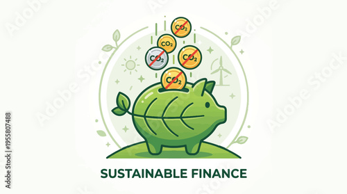 Green Piggy Bank Saving CO2 Emissions Vector Illustration for Sustainable Finance and Eco-Friendly Investments