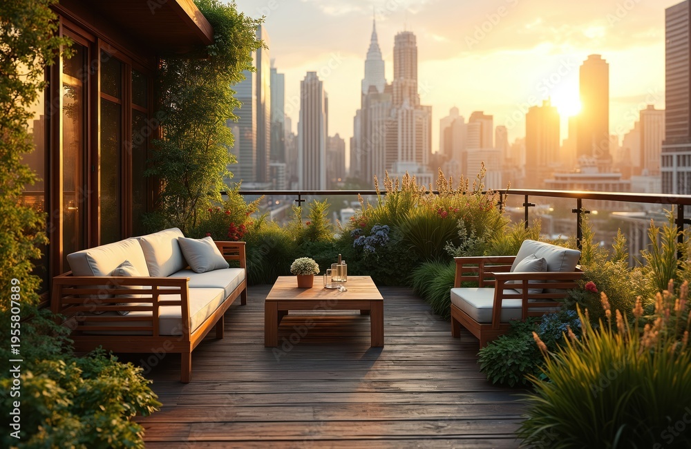Obraz premium Rooftop terrace with wooden furniture and lush plants offers city skyline view. Relaxing urban oasis at sunset with diverse vegetation and flowers provides peaceful outdoor space.