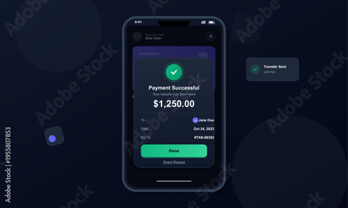 A smartphone displays a successful payment confirmation screen for a digital money transfer of one thousand two hundred fifty dollars on a dark mobile banking application interface.