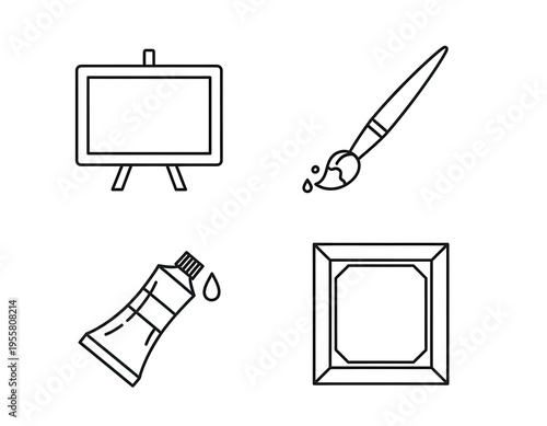 Art Supplies Icons Easel, Paintbrush, Paint Tube, and Picture Frame