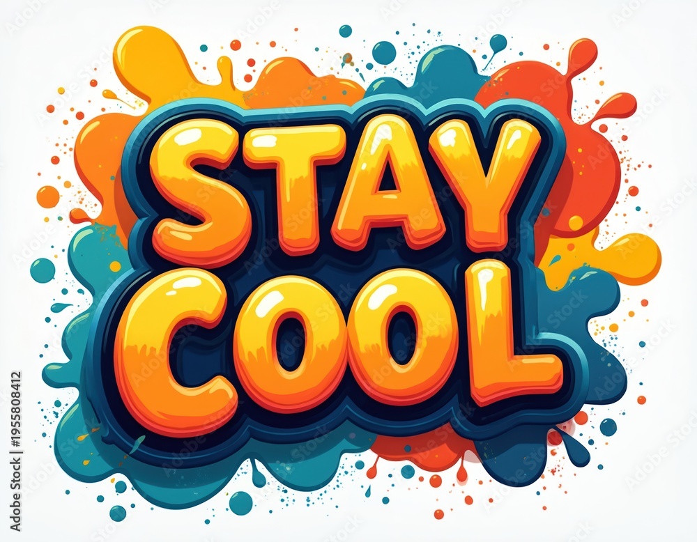 Obraz premium Graffiti art text says Stay Cool in bubble letters. Vibrant splashes of paint form a lively background. Colorful design promotes fun and positivity with bold lettering. Urban street style graphic.