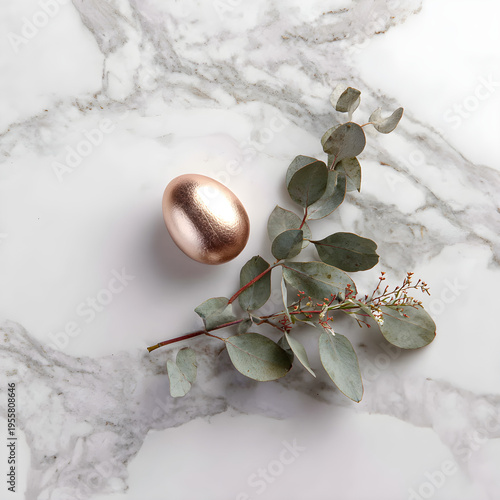 Top-down view of a white Carrara marble slab featuring a single rose gold egg and a sprig of fresh eucalyptus. - Image #1 @Ai content creator