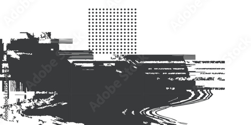 Abstract glitch art composition with halftone dot pattern and distorted geometric shapes vector illustration