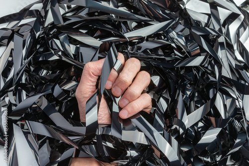 Hand Grasping Tangled Magnetic Tape Ribbons From Vintage Cassette Tape Pile, Analog Media Mess