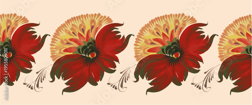 Vector floral seamless border pattern from hand painted flowers on a beige background