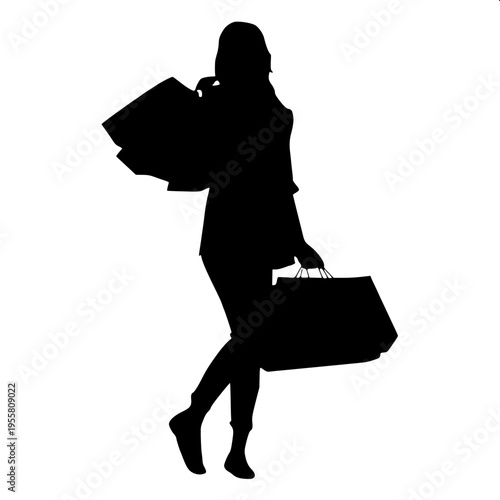 “Flat design stickman shopping icon, person holding bags in both hands, rounded limbs, minimal detail, solid black silhouette, centered composition”