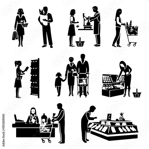 “Flat design stickman shopping icon, person holding bags in both hands, rounded limbs, minimal detail, solid black silhouette, centered composition”