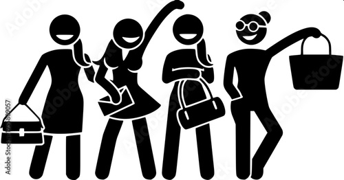 “Flat design stickman shopping icon, person holding bags in both hands, rounded limbs, minimal detail, solid black silhouette, centered composition”