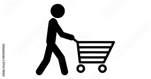 “Flat design stickman shopping icon, person holding bags in both hands, rounded limbs, minimal detail, solid black silhouette, centered composition”