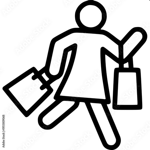 “Flat design stickman shopping icon, person holding bags in both hands, rounded limbs, minimal detail, solid black silhouette, centered composition”