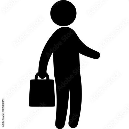 “Flat design stickman shopping icon, person holding bags in both hands, rounded limbs, minimal detail, solid black silhouette, centered composition”