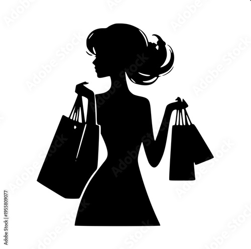 “Flat design stickman shopping icon, person holding bags in both hands, rounded limbs, minimal detail, solid black silhouette, centered composition”