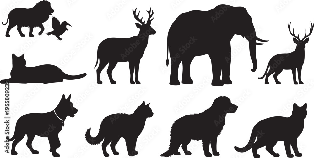 Fototapeta premium Animals Silhouette Vector Set – Lion Elephant Dog Cat Bird Realistic Black Icons