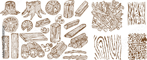 Vintage Wood Set – Planks, Logs, Timber and Firewood Hand-Drawn Vector Illustration for Labels, Logos and Campfire Themes