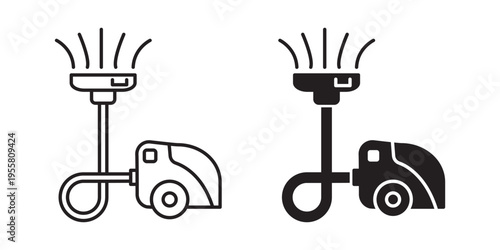 Vacuum cleaner or hoover icon set in line and solid styles with editable stroke, isolated on transparent background. Minimal household appliance symbols for cleaning, home care, maintenance
