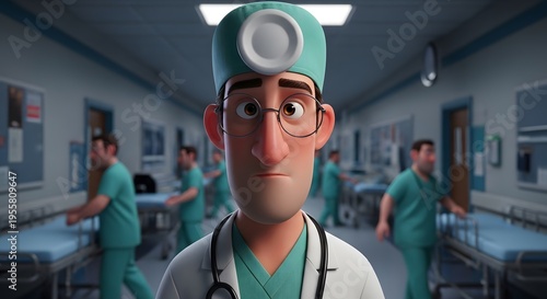 Animated doctor in hospital corridor with medical staff in background