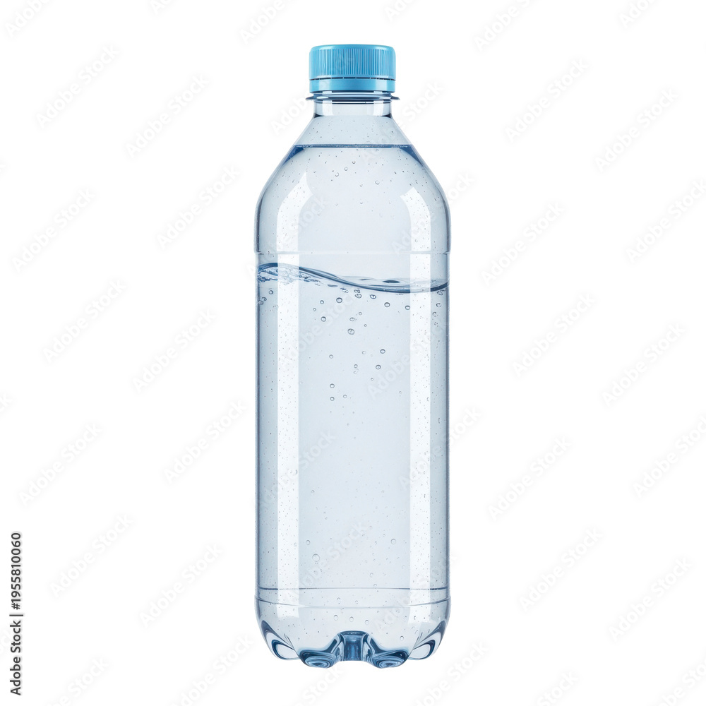 Naklejka premium A clear plastic water bottle with a blue cap on transparent background