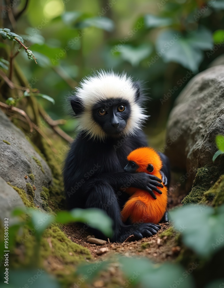 Fototapeta premium Two monkeys black and white adult embraces vivid orange baby. Monkeys sit on mossy ground in forest. Mother holds infant close under green leaves.
