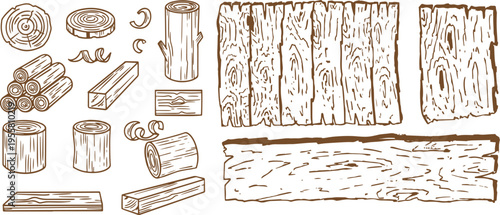 Vintage Wood Elements Set – Hand-Drawn Logs, Boards and Timber with Stacked Lumber in Sketch Style Vector