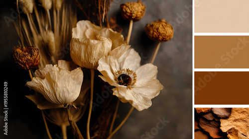 Warm autumnal-spring transition, sharp petal textures, earthy tones, and wide side space for organic ads.