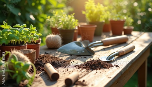 Garden table setup for planting herbs. Pots with green seedlings sit near soil, twine, trowels, and pruners in bright sunlight. Outdoor hobby activity.
