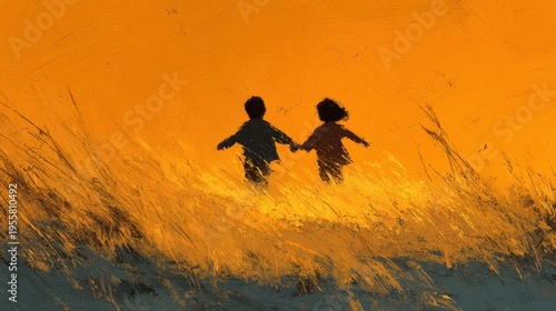 Painted illustration of two children silhouettes running toward each other with open arms in golden orange field