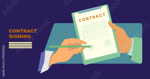 concept of contract signing , man signing the contract with pen, concept of job offer, hiring concept, recruitment, illustration on dark-blue background for business landing page