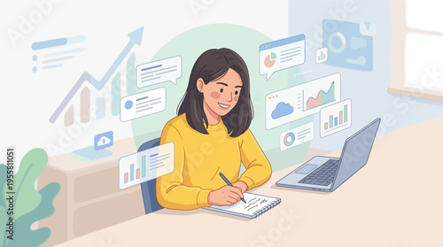 Young woman analyzing data and charts on a laptop while taking notes