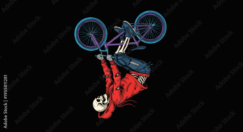 Obraz premium Skeleton BMX rider performing a stunt on a bicycle against a dark background