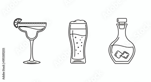 Stylish collection of outline vector icons depicting popular alcoholic drinks a margarita, a glass of beer, and a liquor decanter with ice