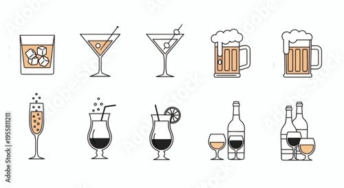 Stylish outline vector icons of various alcoholic beverages. Featuring cocktails, wine, beer, and spirits, ideal for menus, apps, and beverage-themed designs