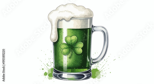 Vibrant green beer mug adorned with a shamrock, perfect for an Irish celebration, featuring creamy foam and festive splashes