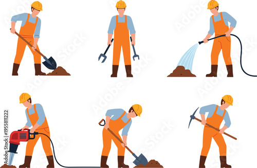 Construction workers set with tools digging drilling watering and building activities industrial labor cartoon vector illustration collection