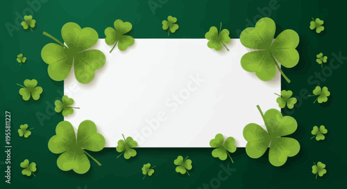 Elegant green background with a blank white frame, beautifully decorated with lucky clover leaves and shamrocks, perfect for Irish-themed celebrations