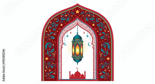 Ornate Islamic Archway Illustration with Glowing Lantern and Mosque Silhouette, Celebrating Cultural Traditions and Festive Occasions