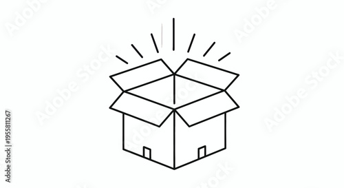 Simple line illustration of an open cardboard box with radiating light, symbolizing new opportunities, surprise discovery, a special gift reveal, or an exciting unboxing experience