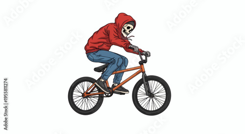 Skeleton Riding a Bicycle with a Hoodie on a White Background