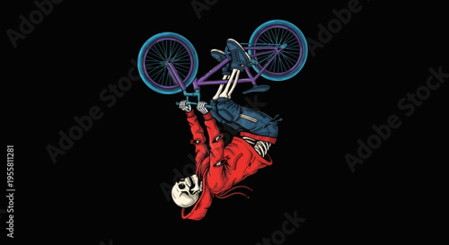 Skeleton BMX rider performing a stunt on a bicycle against a dark background