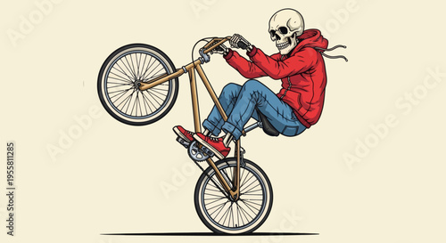 Skeleton performing a wheelie on a bicycle with a hoodie and jeans, illustrating extreme sports and a morbid sense of fun