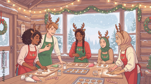 Diverse group of friends happily baking Christmas cookies together in a cozy log cabin setting