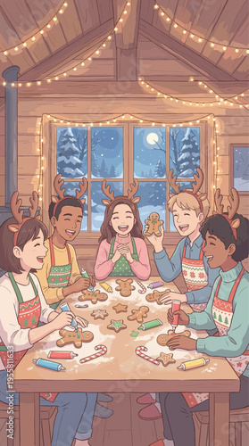 Friends happily decorating gingerbread cookies together in a cozy cabin during winter