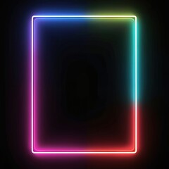 Rectangular neon border with rainbow gradient glows on dark background. Abstract frame pulses with vibrant colorful light. Futuristic design element for modern graphics.