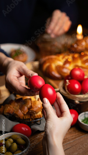 Easter egg tapping tradition with red eggs at festive table, family hands cracking dyed shells during orthodox celebration, traditional pascha bread, warm candlelight meal gathering