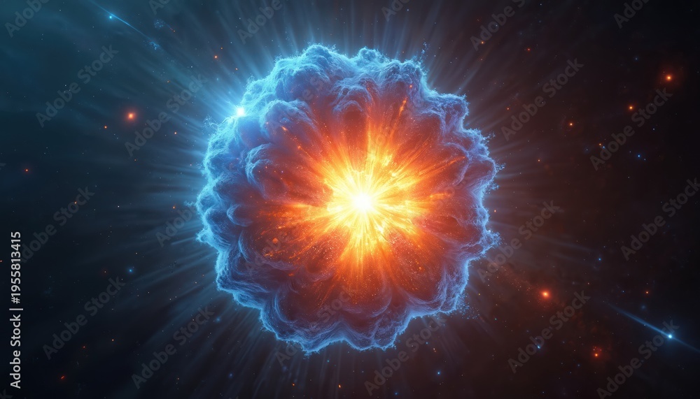 Obraz premium Bright star exploding in deep space nebula. Fiery starburst illuminates cosmic dust clouds, emitting blue light rays across galaxy. Distant stars twinkle in the dark.
