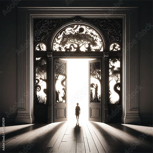 Child Silhouette Entering Bright Ornate Portal gate