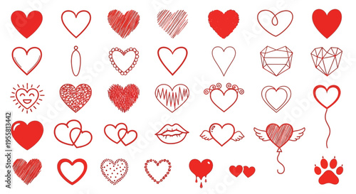 Collection of Diverse Heart Illustrations in Various Styles and Designs for Valentine's Day and Love Themes